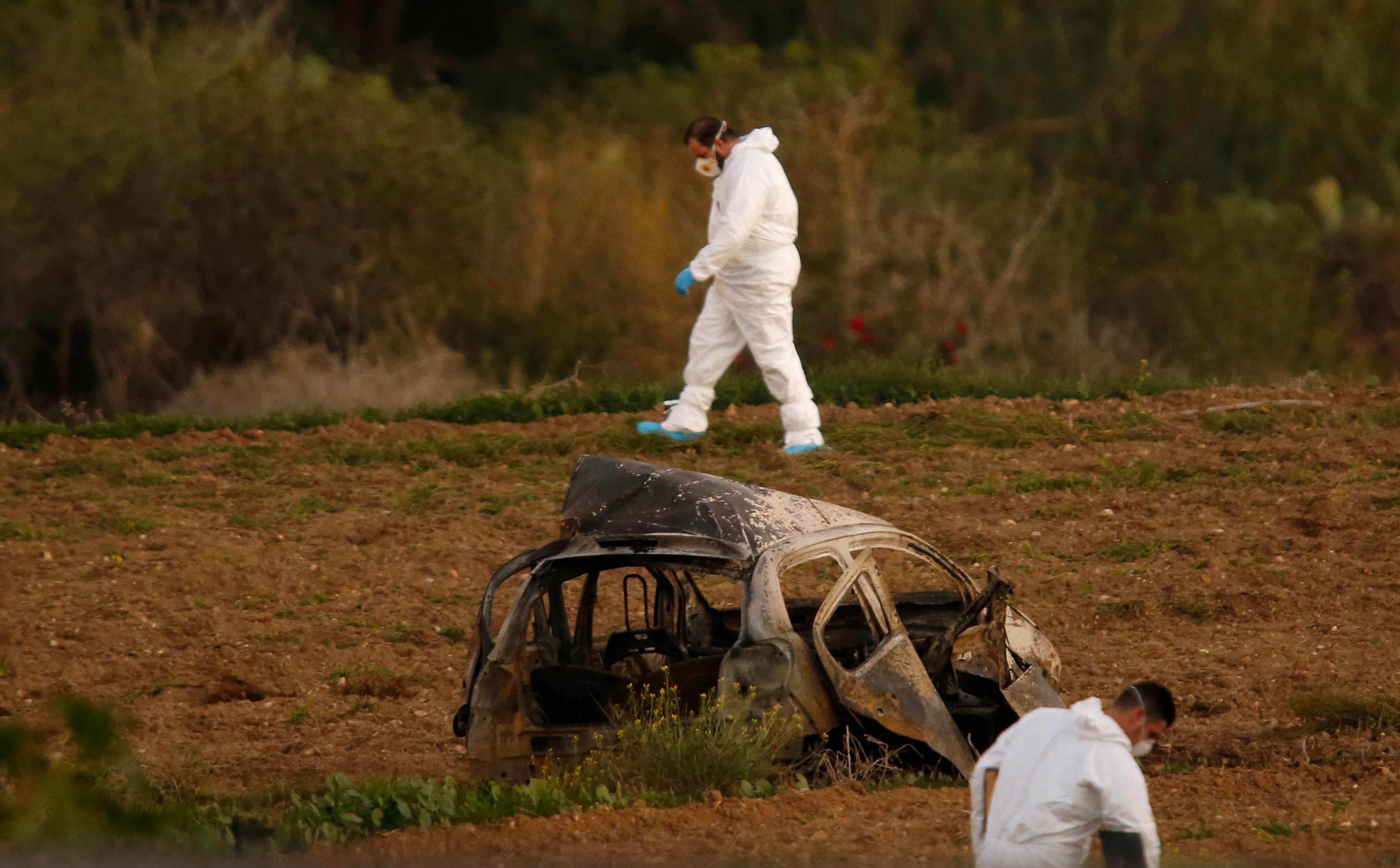 The remnants of Daphne Caruana's vehicle after the car bomb that killed her